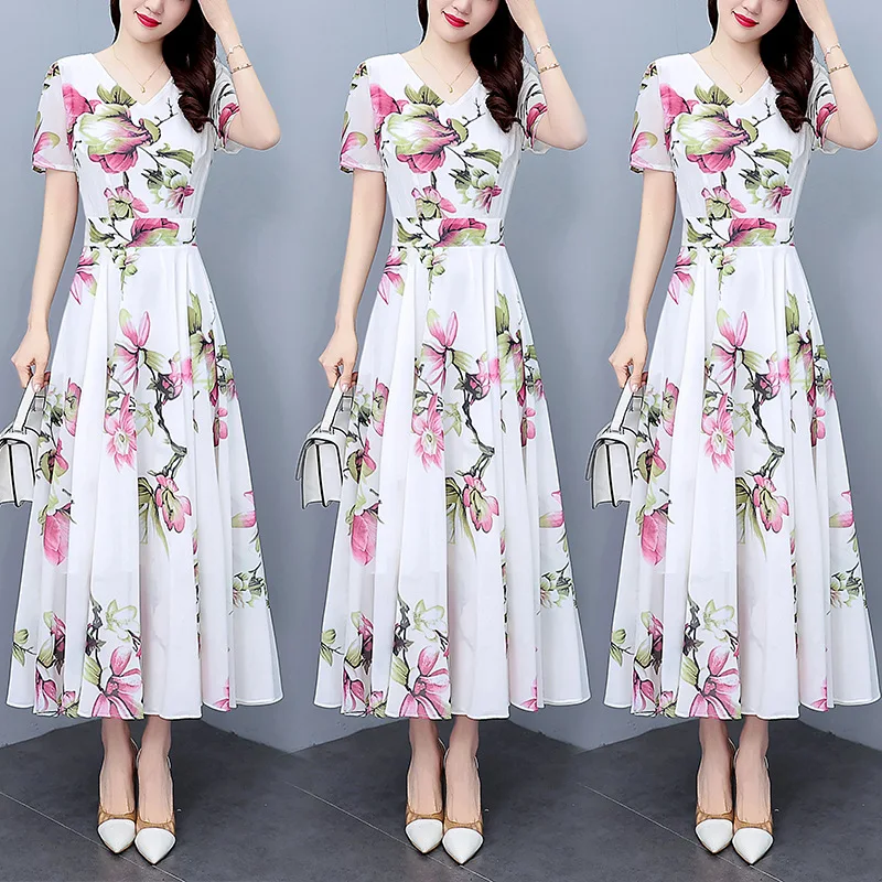 

Dressed Women's 2023 Summer New Chiffon Fragmented Flower Dress with a Waist Wrap to Show Slim Cover Over the Belly Long Dress