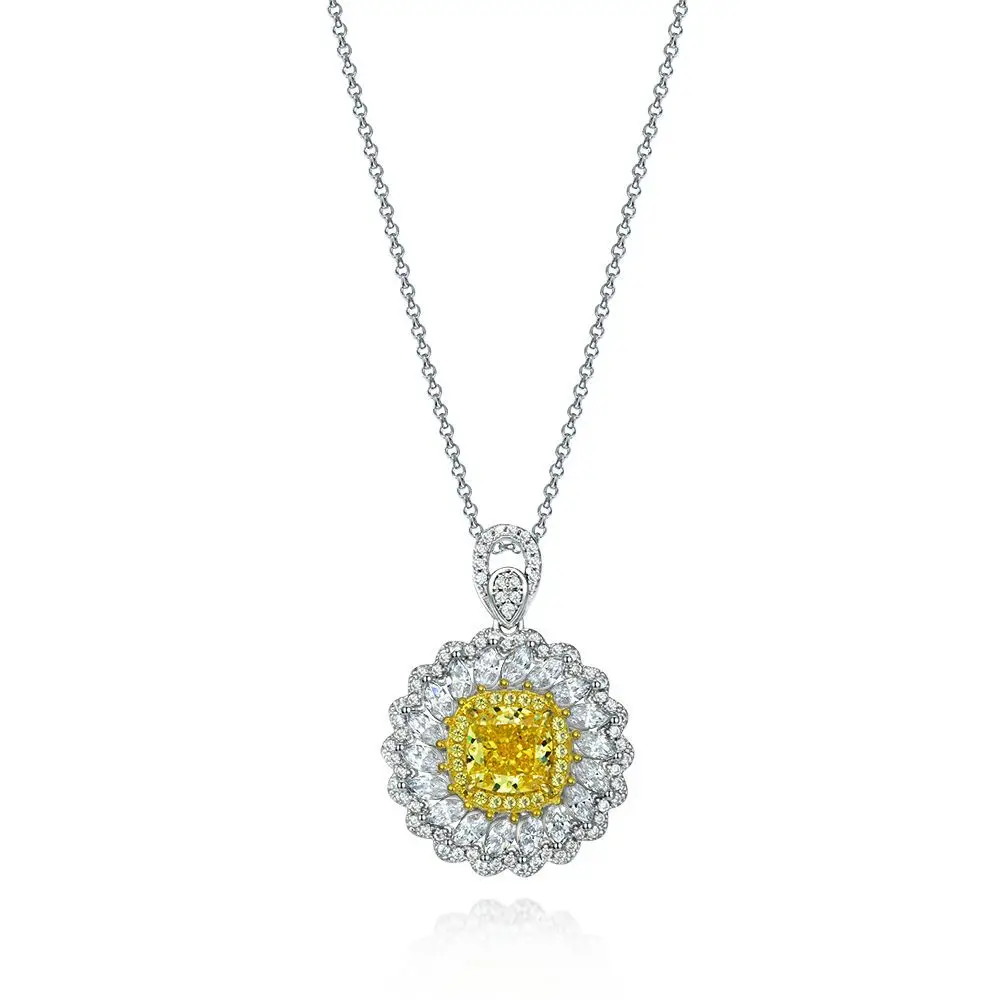 2022 New Cushion Shaped 5A Zircon Ladies Daisy Pendant Shiny Diamond Yellow S925 Silver Necklace