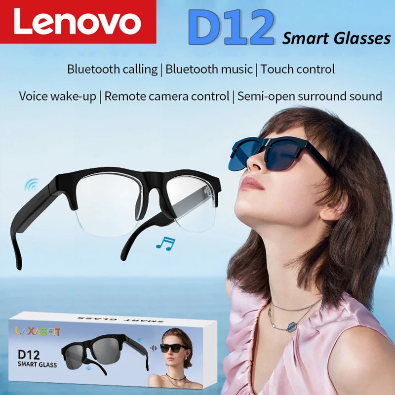 Фото Умные Bluetooth-очки Lenovo с сенсорным управлением, функцией громкой связи, воспроизведением музыки, дистанционным управлением камерой и голосовым помощником для путешествий и занятий спортом. №1