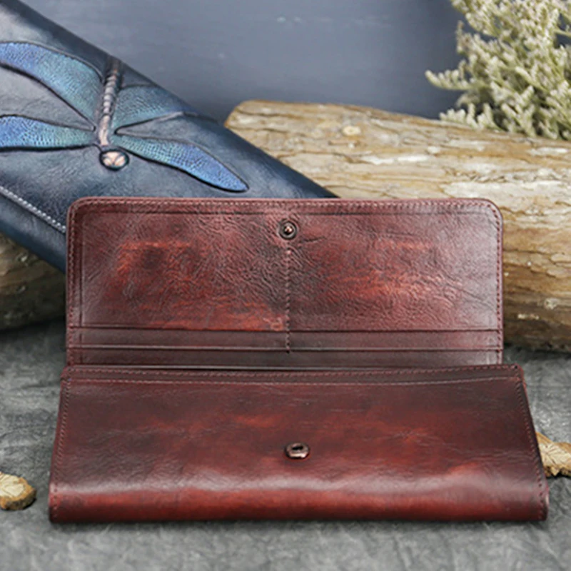 High Quality Genuine Leather Women Clutch Purse ID/Credit Card Cash Holder Dragonfly Pattern Retro Cowhide Money Long Wallets images - 6