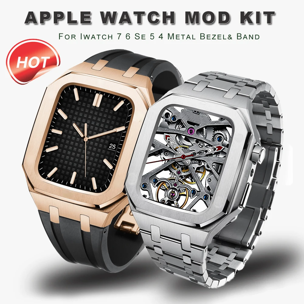 Case+Strap for Apple Watch Band 7 mod kit Fluorine rubber for iWatch Series 6 SE 5 4 Modification Kit 45mm 42mm 44mm Steel Metal