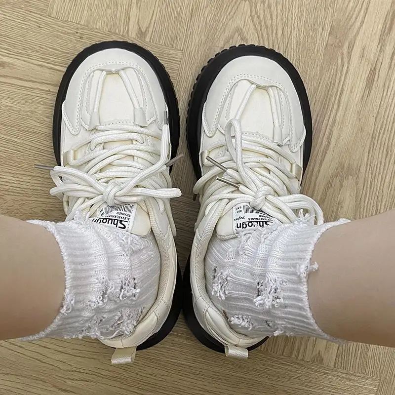 

White Women Platform Sneakers Fashion Breathable Student Casual Sport Shoes for Womens Lace-Up Mesh Ladies Vulcanized Shoes