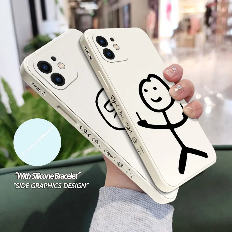 Funny Cartoon Stickman Phone Case For iPhone 14 13 12 11 Pro Max Mini X XR XSMAX SE20 8 7 6 6S Plus Silicone Cover with Strap images - 6