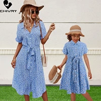 new mother daughter summer shirt dress short sleeve lapel floral button dress mommy and me split dresses family matching outfits