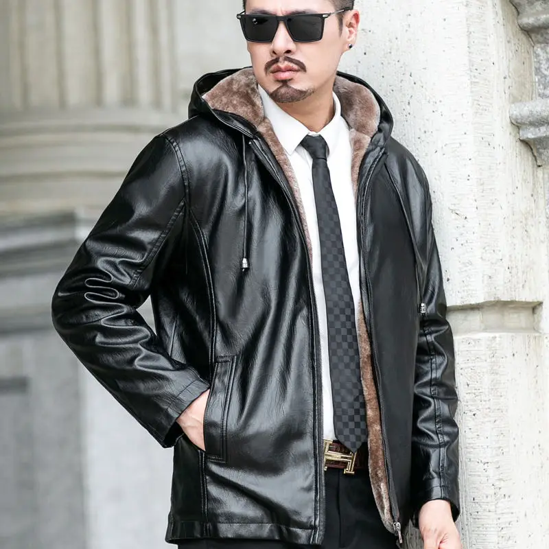 

Motorcycle Jacket Men Casual PU Leather Jackets Man Winter Thick Warm Vintage Hooded Bomber Leather Coats Chaqueta Homme E354