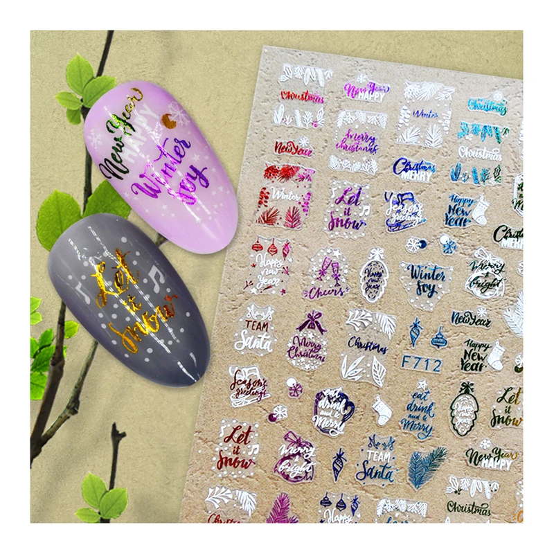 

10PCSHolographic Laser Gold White Christmas Nail Sticker 3D Snowflakes Leaf Geometry Lines Letter For Manicure Sliders F712-719