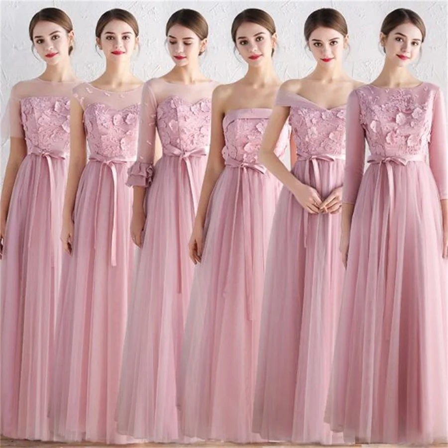 

Розовое Тюлевое платье подружки невесты с аппликацией, ТРАПЕЦИЕВИДНОЕ платье принцессы для свадебной вечеринки, многослойное платье с длинным рукавом для гостей
