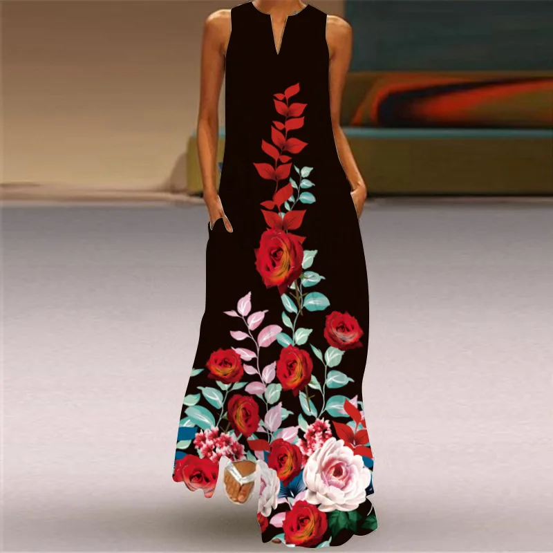 

Maxi Floral Dress Women Summer Fashion Long Dress Evening Party Dresses Elegant Sleeveless Sexy Sundress Vintage Beach V-neck