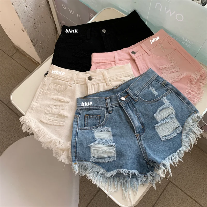 GDZS Summer Women's Casual Fashion Hole Denim Shorts streetwear Korean High Waist Blue A-line Pants Ladies Sexy Pocket Short