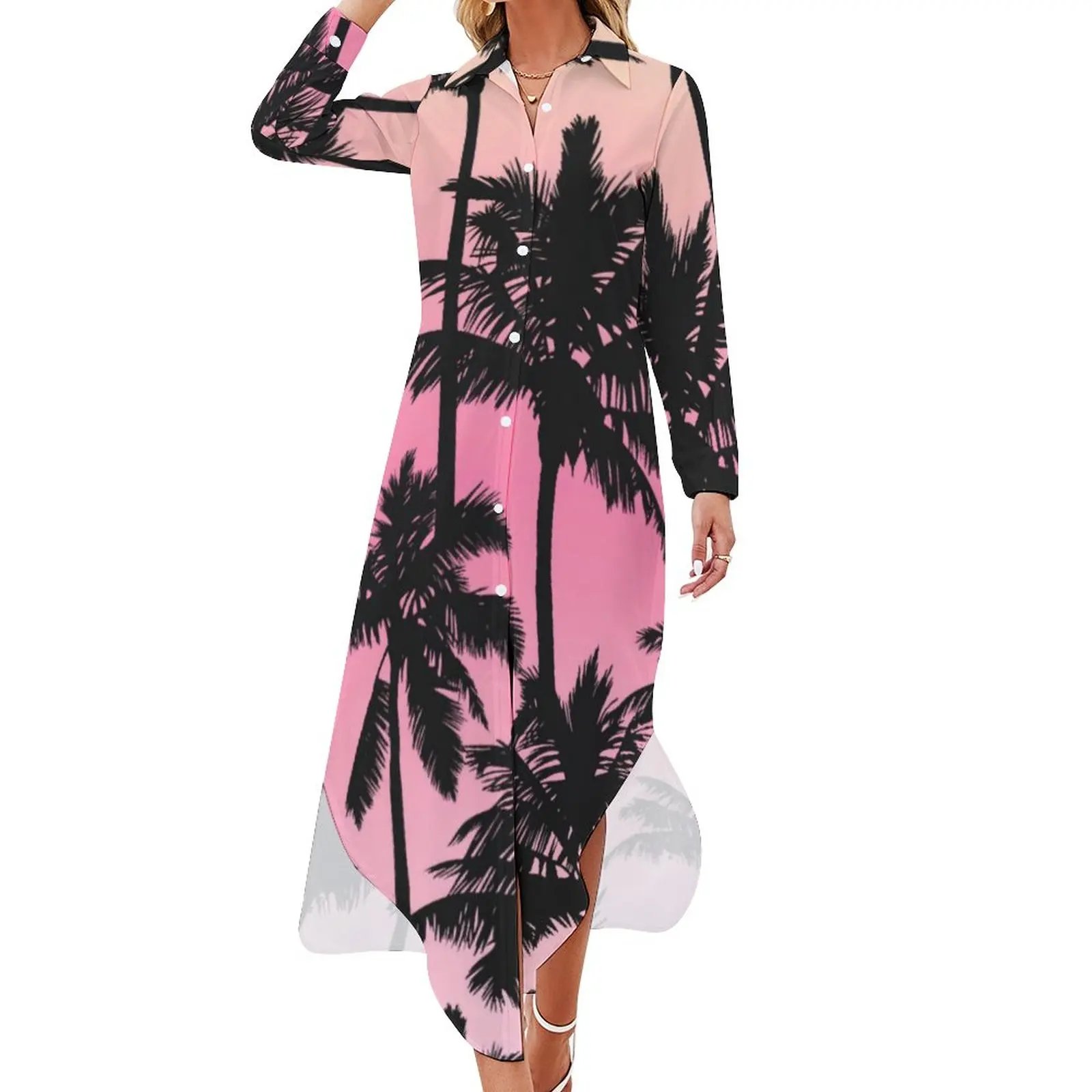 

Sunset Beach Print Chiffon Dress Palm Tree Festival Dresses Female Long Sleeve Aesthetic V Neck Graphic Oversize Casual Dress