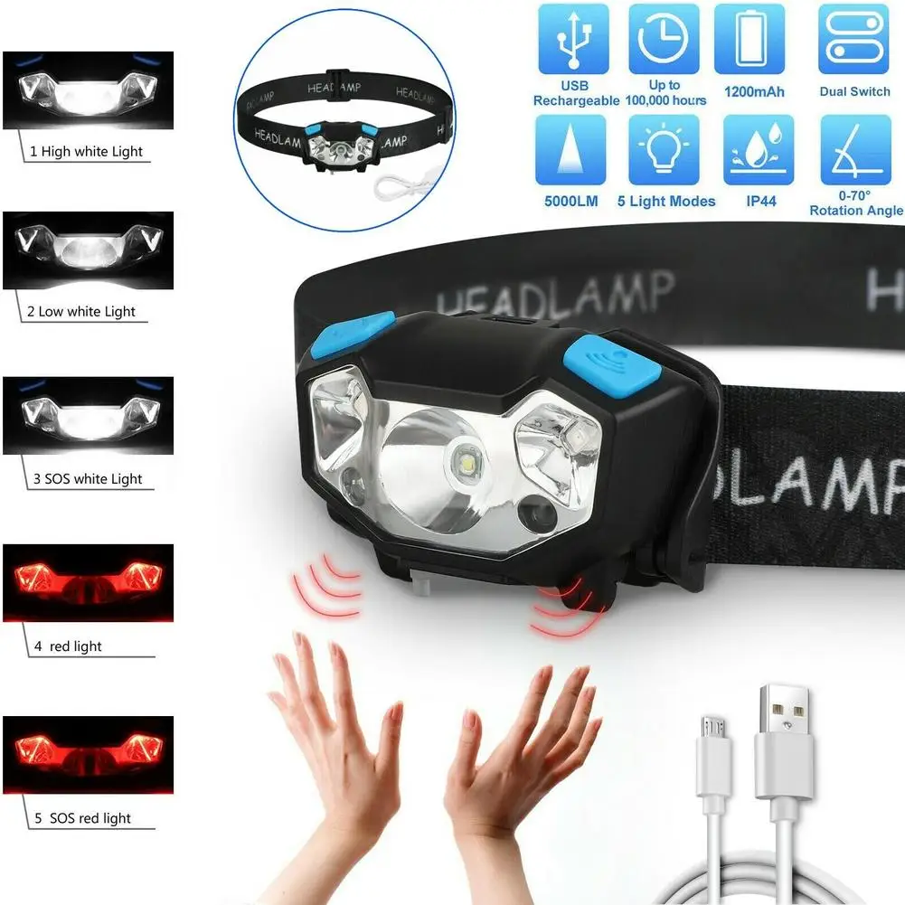 

5000lm Led Headlight 5 Modes Ipx4 Waterproof Usb Rechargeable Motion Sensor Head Band Lamp Camping Flashlight Powerful Headlamp