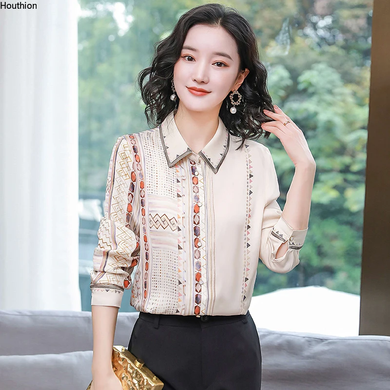 

Spring Blouse The New Fashion Shirt Casual Lapel Wire Loose Retro Printing Long sleeve Top Women
