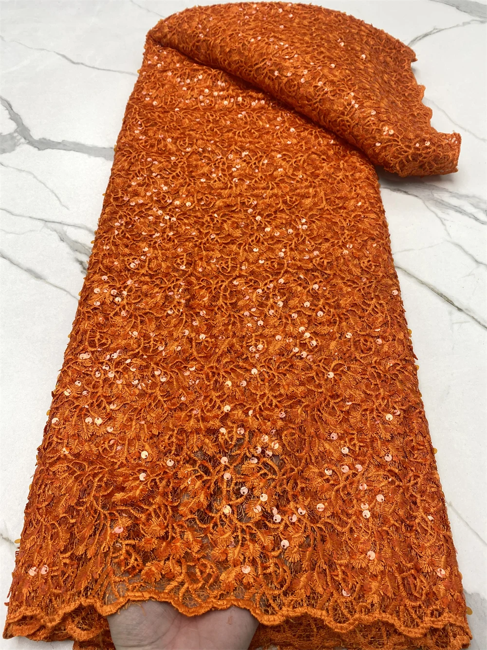 

Burnt Orange Sequined African Lace Fabric 5 Yards High Quality Latest Nigerian Embroidered Guipure Cord Fabrics For Party 4720B