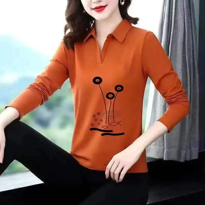 Женская хлопковая Футболка-поло с длинным рукавом и цветочным принтом