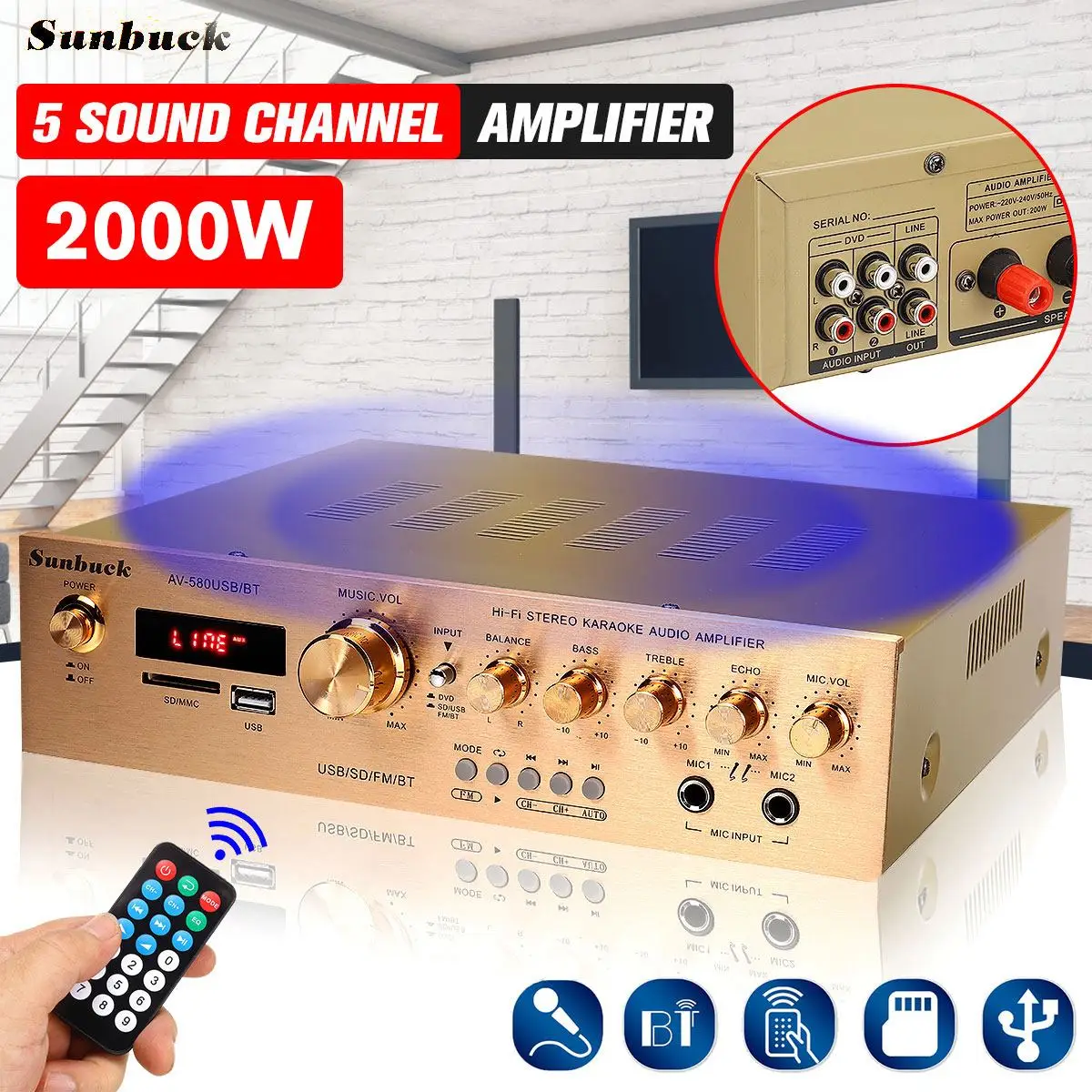 

Sunbuck 2000W Bluetooth5.0 HiFi Amplifiers 5CH Power Audio Amplifier Home Stereo AV Surround Digital Amplifier FM Karaoke Cinema