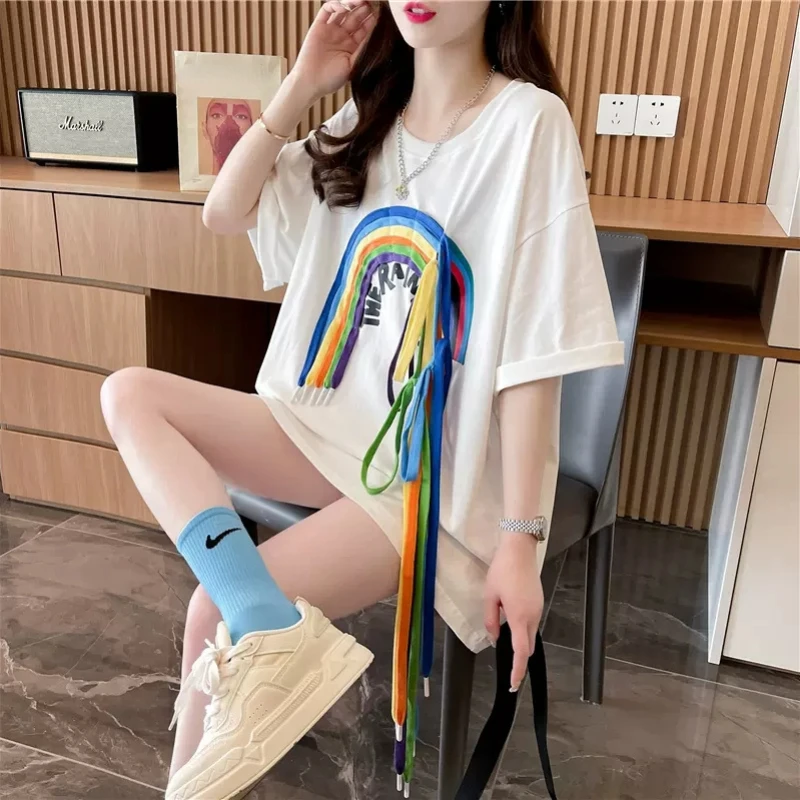 Женские футболки DAYIFUN с круглым вырезом трехмерные радужной веревкой