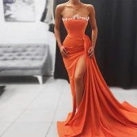 orange high side split satin mermaid evening dresses crystal pearls pleat ruched dubai women prom gown formal party dress