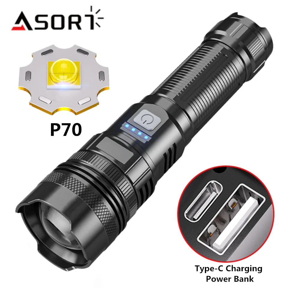 High Power P70 LED Flashlights Type-C Charging Patrol Zoom Glare Multifunctional Self Defense Emergency Camping Light Torch