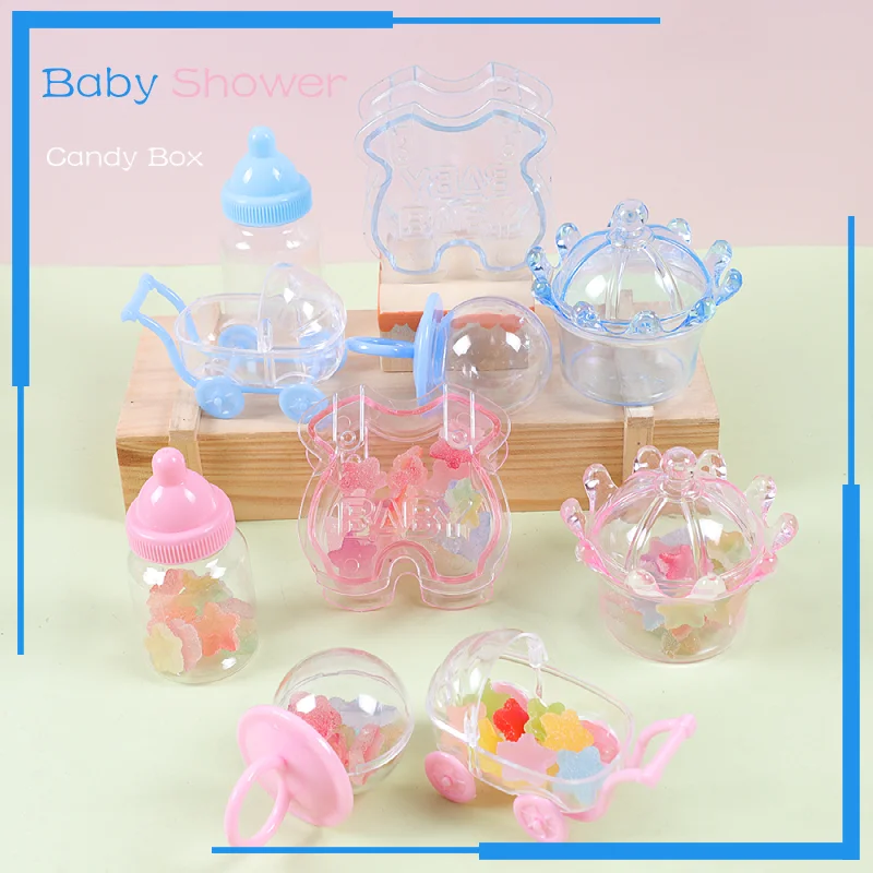 

Kawaii Plastic Baby Bottles Carriage Candy Box Transparent Crown Gift Box It's A Girl Boy Baby Shower Birthday Party Favor Decor