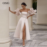 oimg a line blush pink wedding dresses strapless puff sleeves side slit sash tea length women formal party gowns bride dress