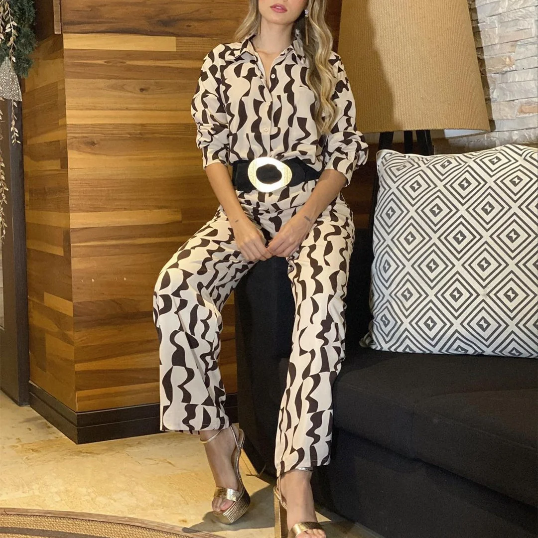 

Повседневный облегающий костюм 2023, Новая женская модная рубашка-поло с принтом и длинным рукавом, повседневный стиль, прямые брюки с высокой талией