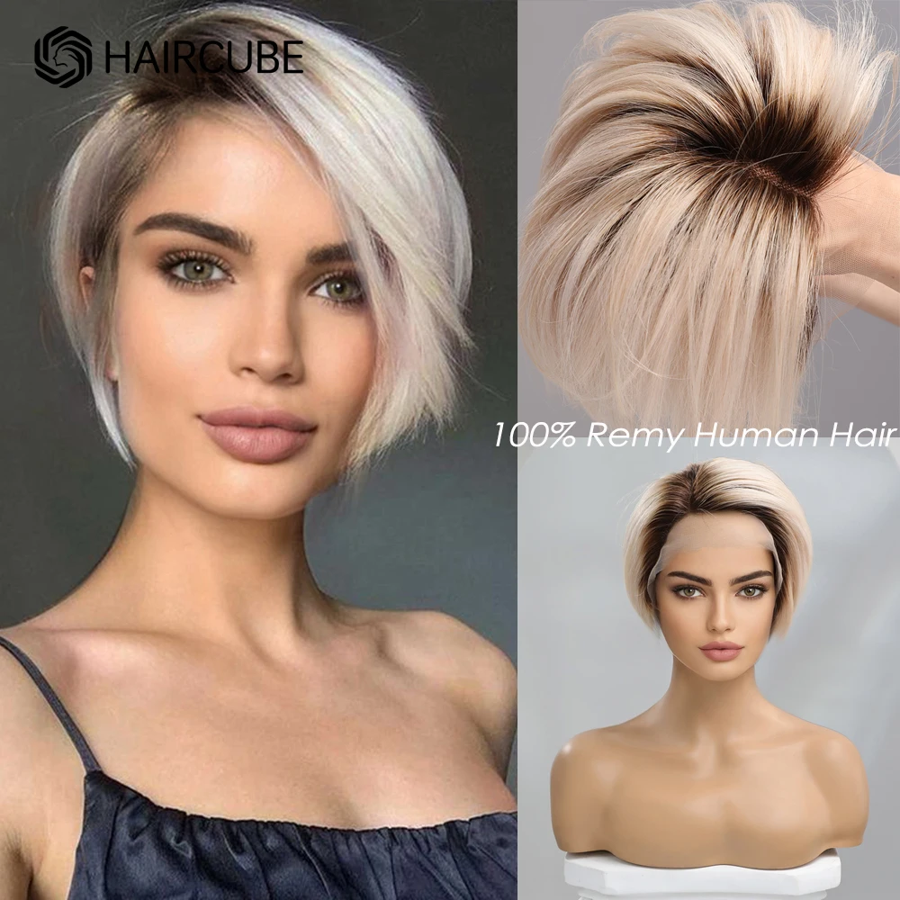 HAIRCUBE Blonde Pixie Cut Human Hair Wig Remy Ombre Short Lace Front Wig Side Part Fulffy Bang Straight Women's Wigs Daily Use