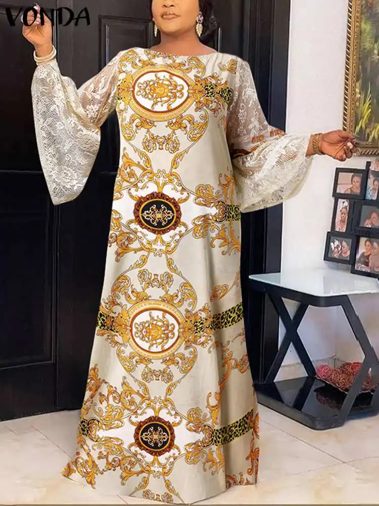

VONDA Oversized Female Vintage Printed Robe Long Sleeve Lace Vestido Women Pleated Holiday Party Maxi Sundress Patchwork Dresses