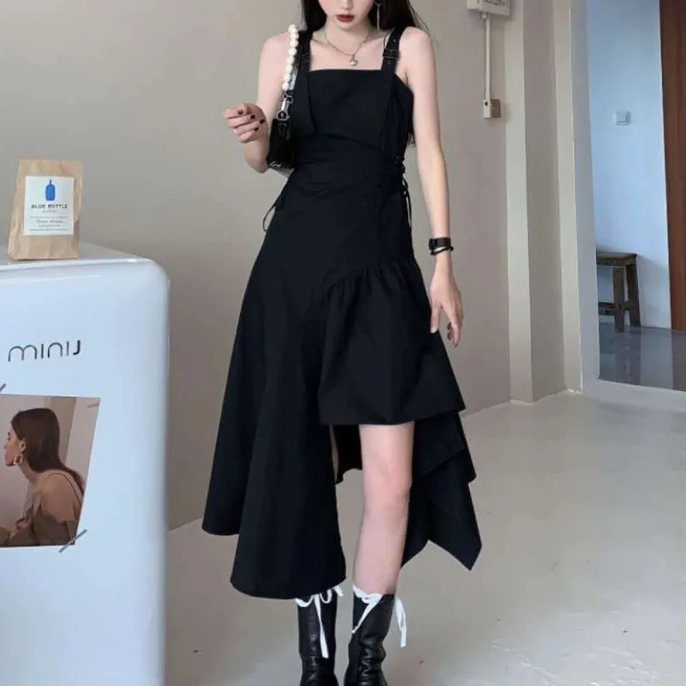 

Черное платье-комбинация QWEEK в стиле Харадзюку, уличная одежда в Корейском стиле 2021, женский летний сарафан, готическое платье-миди в стиле п...
