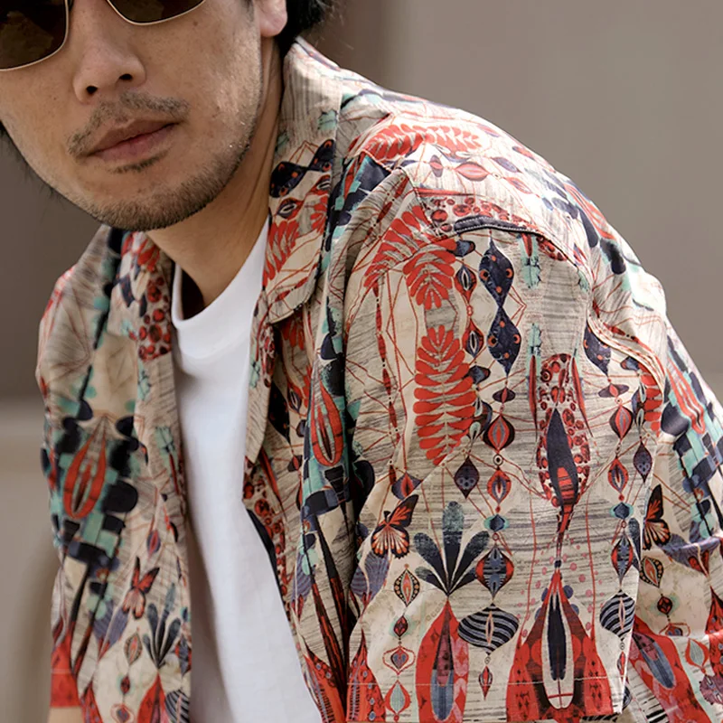 Summer short sleeve men's Japanese vintage vintage Hawaiian beach print loose casual Cuban collar shirt