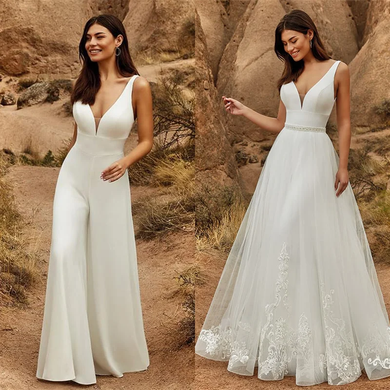 2 In 1 Wedding Jumpsuit 2022 With Detachable Skirt Two Pieces Bridal Dresses Pants Suit For Women Lace Tulle V-Neck Sweep Train