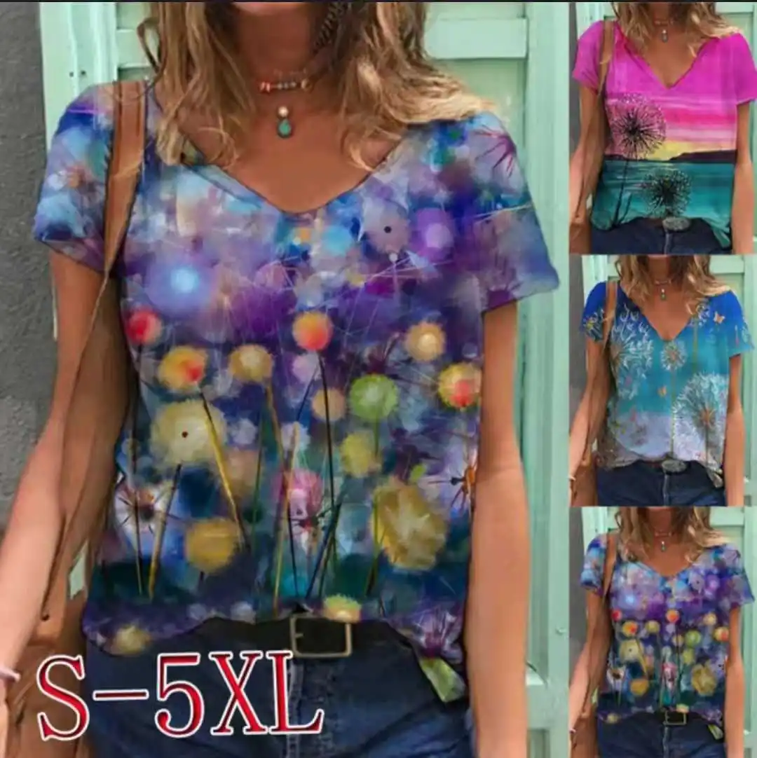 

Women 3D Dandelion Plant Flowers Print T Shirt Summer 2021 New Casual Short Sleeve V-Neck Loose Oversized Tops Plus Size 4XL 5XL