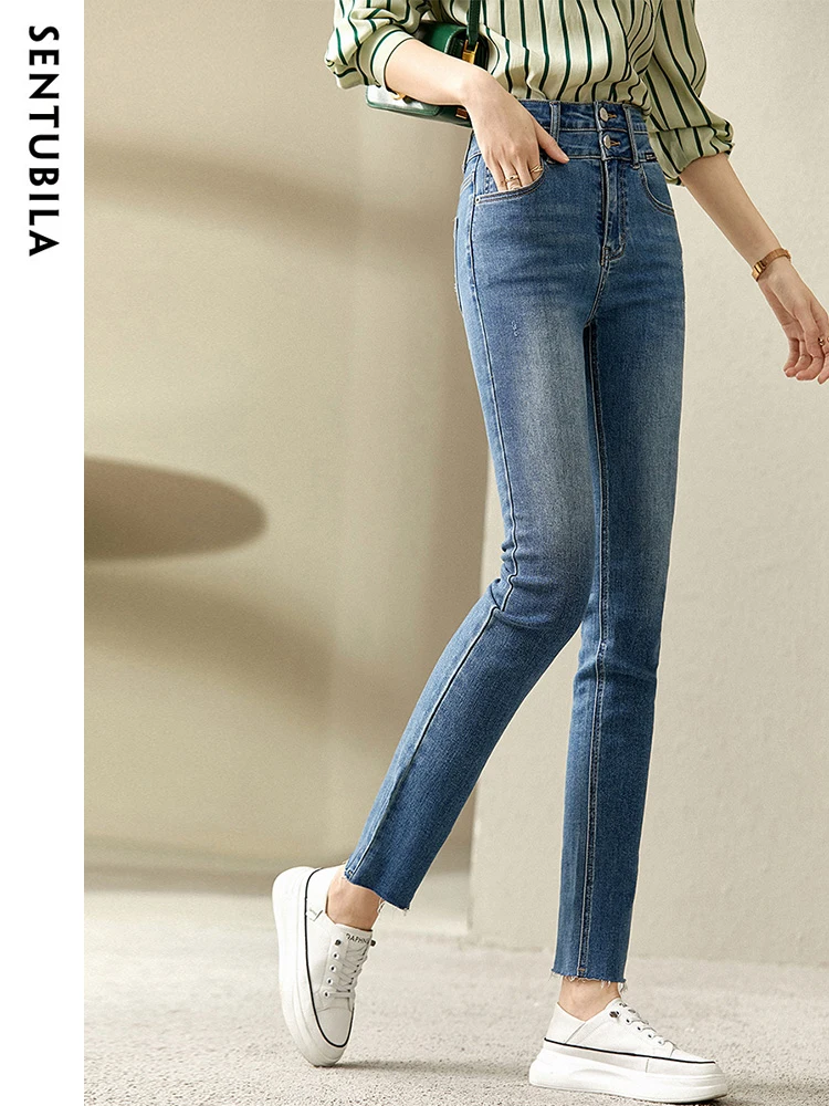 Sentubila High Waist Skinny Jeans for Women 2023 Spring Summer Ankle Length Cut-off Pencil Denim Pants Streetwear Trousers Woman
