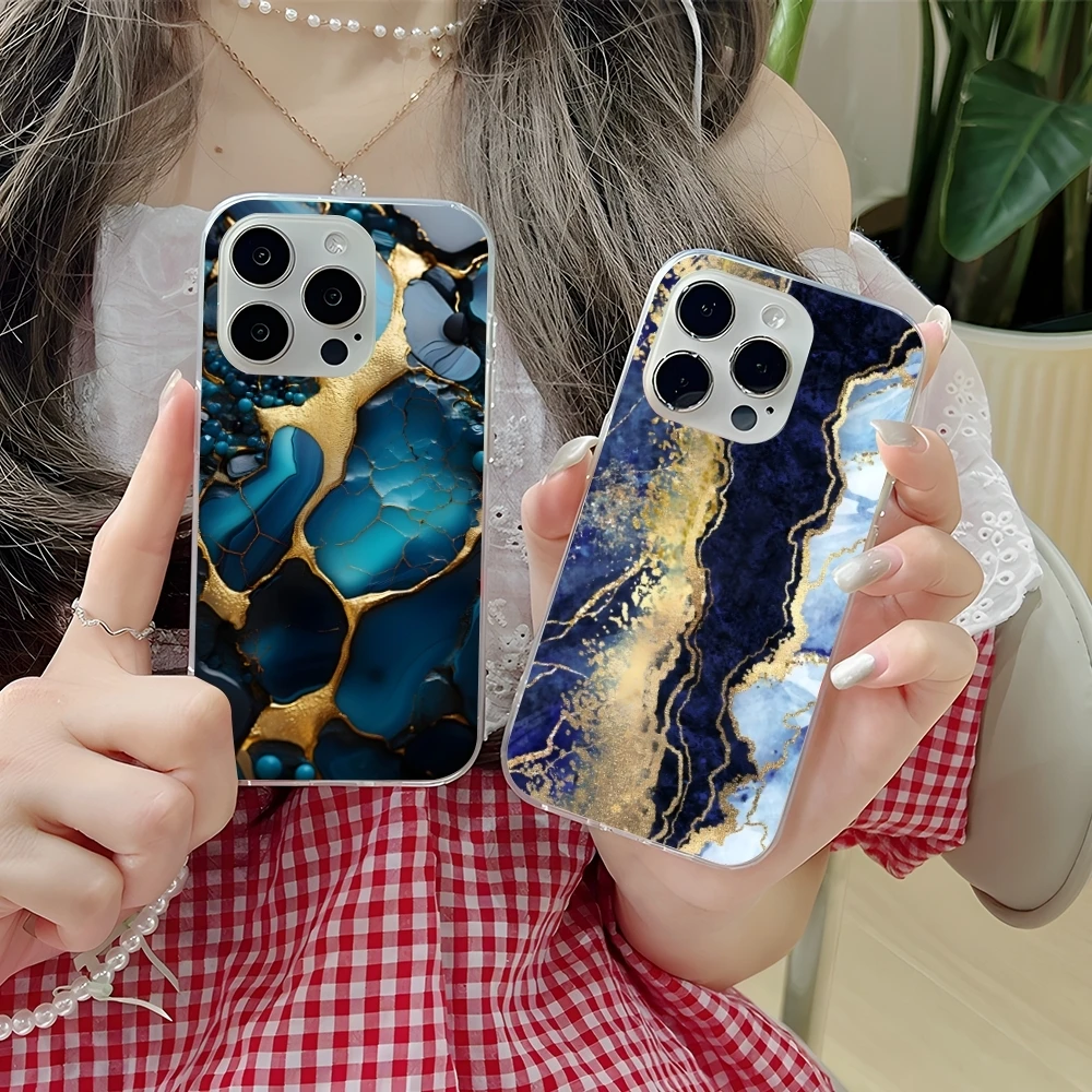 Luxury Golden Stone Mobile Cell Phone Case for iPhone 16 15 14 13 12 11 X XR XS 8 Pro Max Plus Mini Clear Transparent Cover