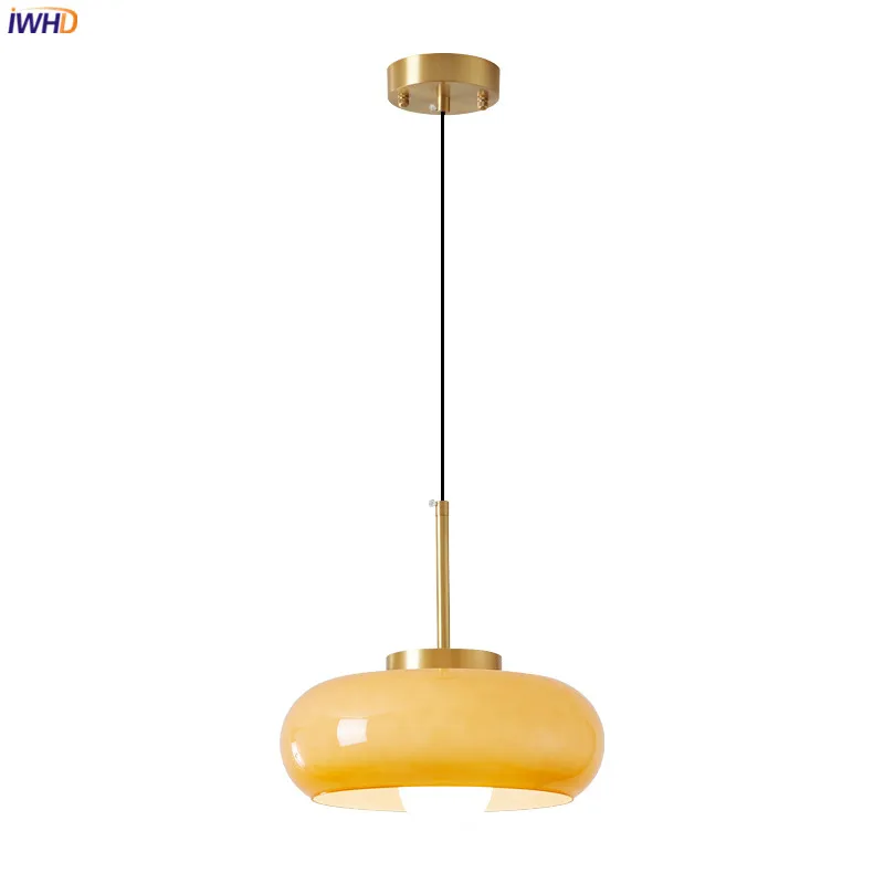 IWHD Copper Bauhaus LED Pendant Light Fixtures Home Indoor Lighting Bedroom Living Dinning Room Beside Lamp Orange Glass