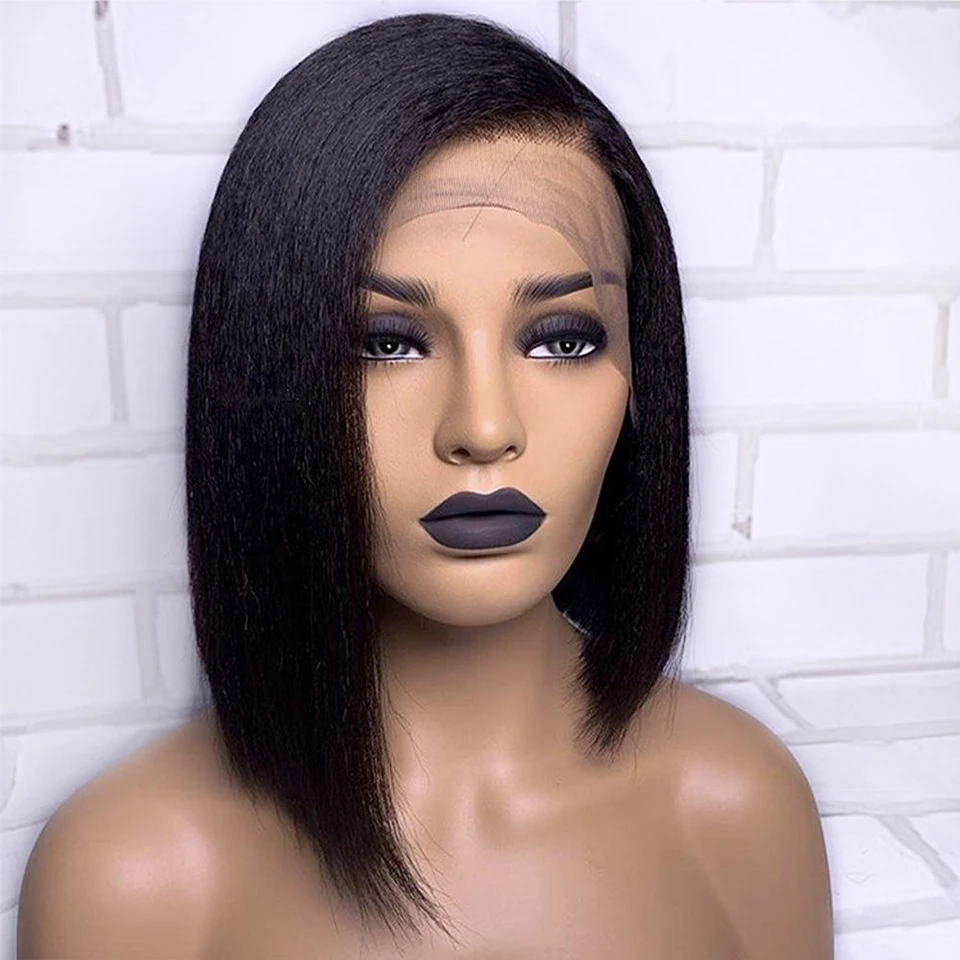 Free Part Soft Snythetic Yaki Blunt Short Bob Kinky Straight Natural Black13x6Lace Front Wig For Women Babyhair Preplucked Daily