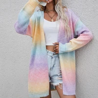 autumn vintage cardigans winter new womens sweater 2022 new pockets rainbow tie dye mid length cardigan knitted sweater jacket