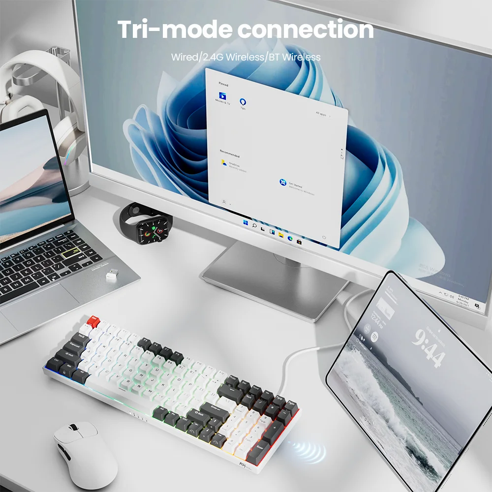 Фото RK ROYAL KLUDGE RK100, английская 2,4G, беспроводная/Bluetooth/проводная механическая клавиатура RGB, 100 клавиш, PBT, игровая клавиатура с возможностью горячей замены №3