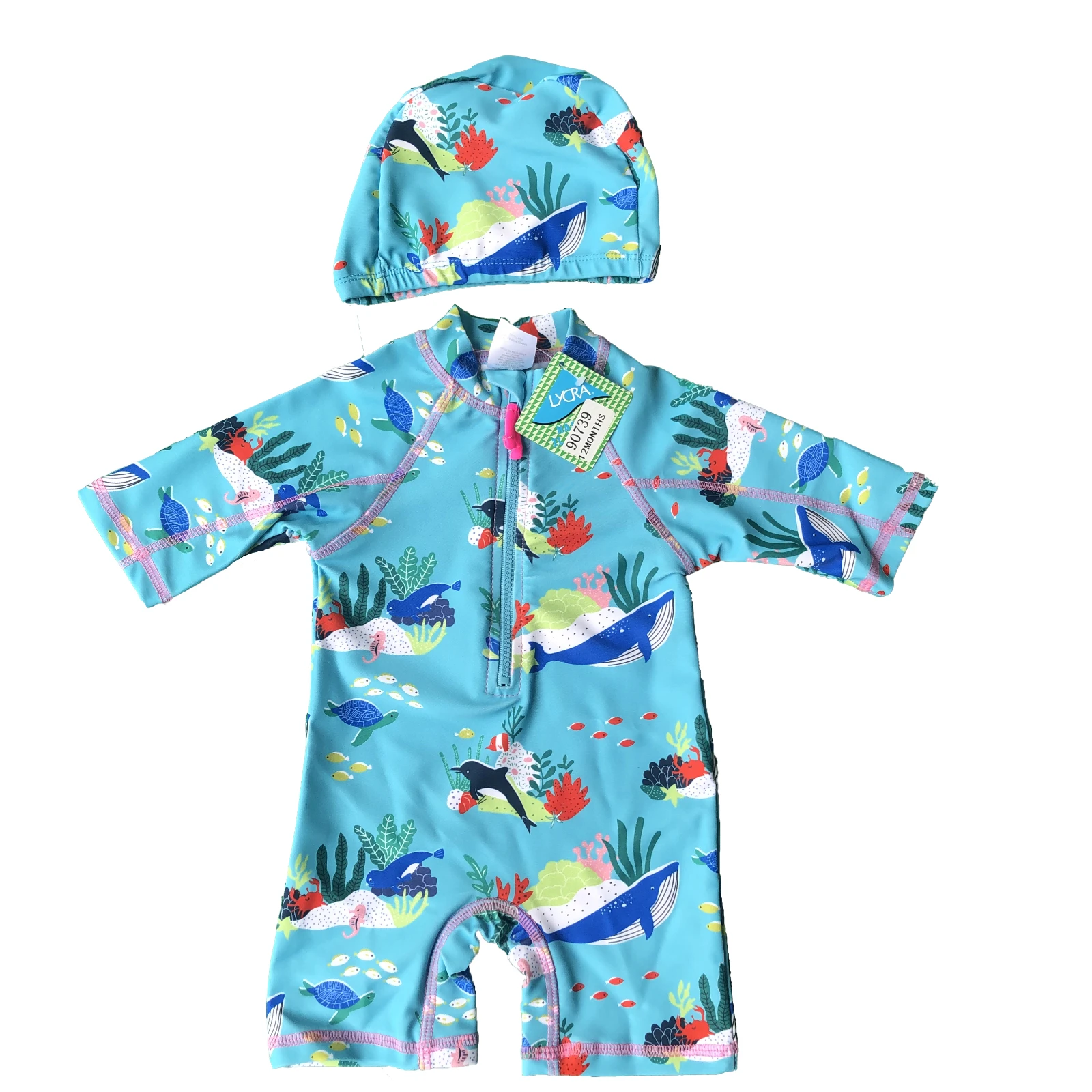 

HenzWorld 2022 Cartoon Ocean Whale Child Baby Infant Beach One Piece Swimsuit With Swimming Cap Zipper Suitable For 6-12 Months