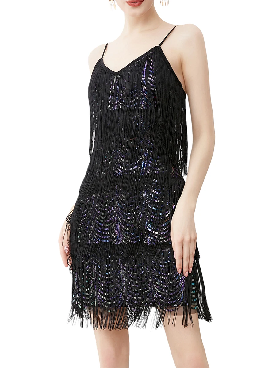 

Женское блестящее мини-платье на бретелях с открытой спиной, облегающее Клубное платье с многослойными кисточками