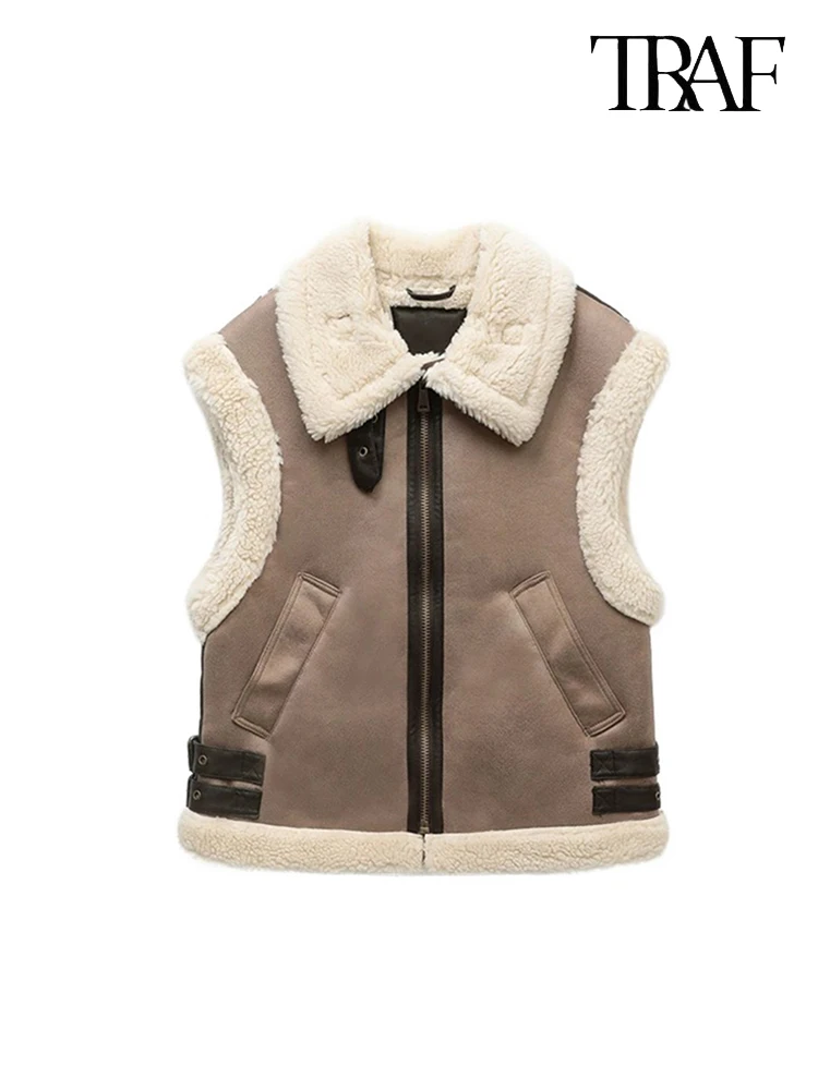 TRAF Женский Теплый Коричневый Утепленный Жилет Без Рукавов Из Искусственного