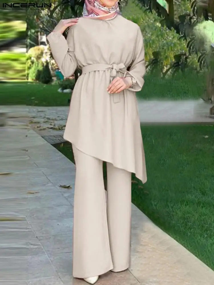 

ZANZEA Muslim Set Women Irregular Hem O-Neck Blouse Wide Leg Pant Fashion Casual Elegant Holiday Vintage Abaya Kaftan Outwear