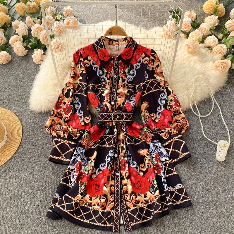 

Retro waist palace style breasted mid-length printed dress waist waist princess dress