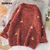 duofan womens kawaii sweaters preppy style vintage deer embroidery knit pullovers female korean thick loose jumpers clothing