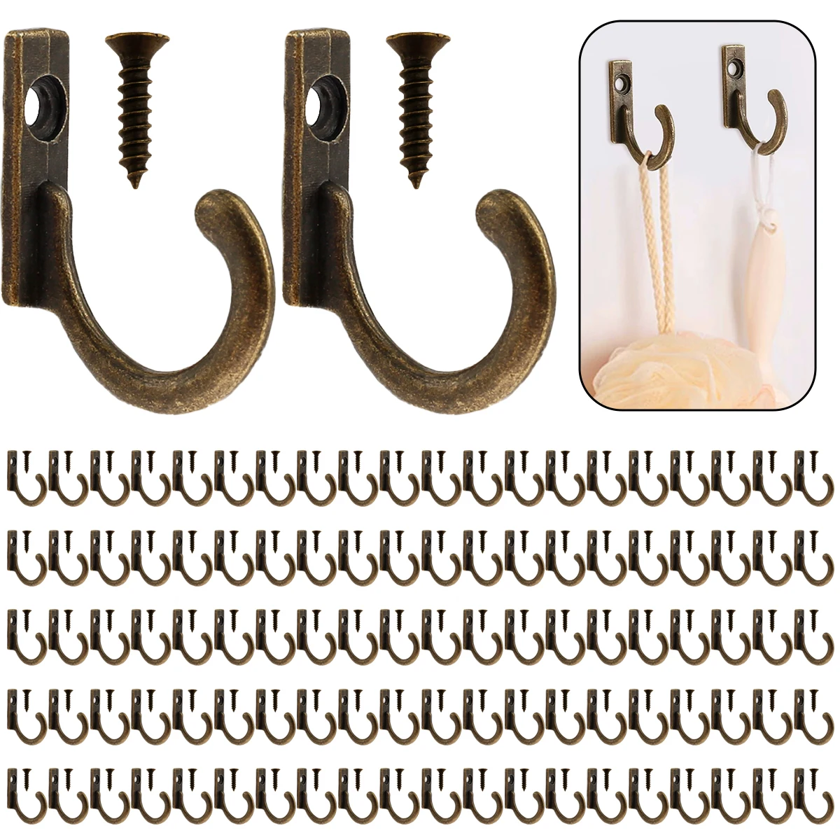 

100pcs Single Robe Hooks Set Coat Hook Hanger with 100 Screws Door Wall Mounted Cloth Hook Single Metal Hooks Hanger for Hanging