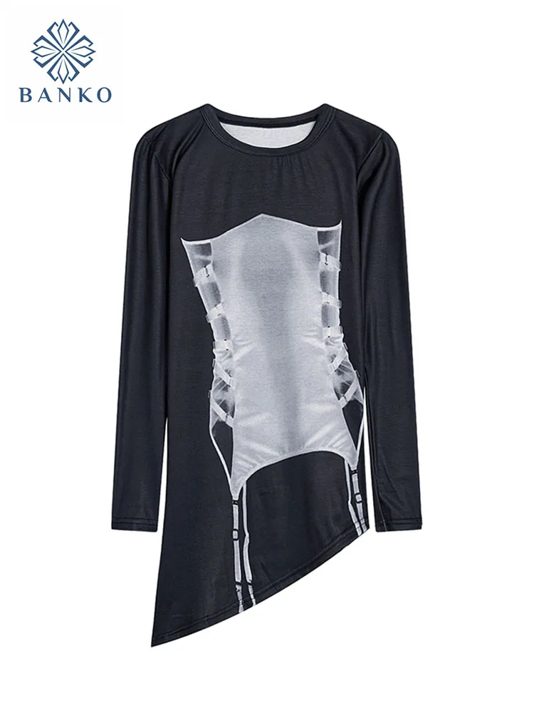 

American Retro Slim T-Shirts Women Harajuku Black Print Long Sleeve Slash Neck Tops Clubwear Y2K Autumn Winter Tees Streetwear