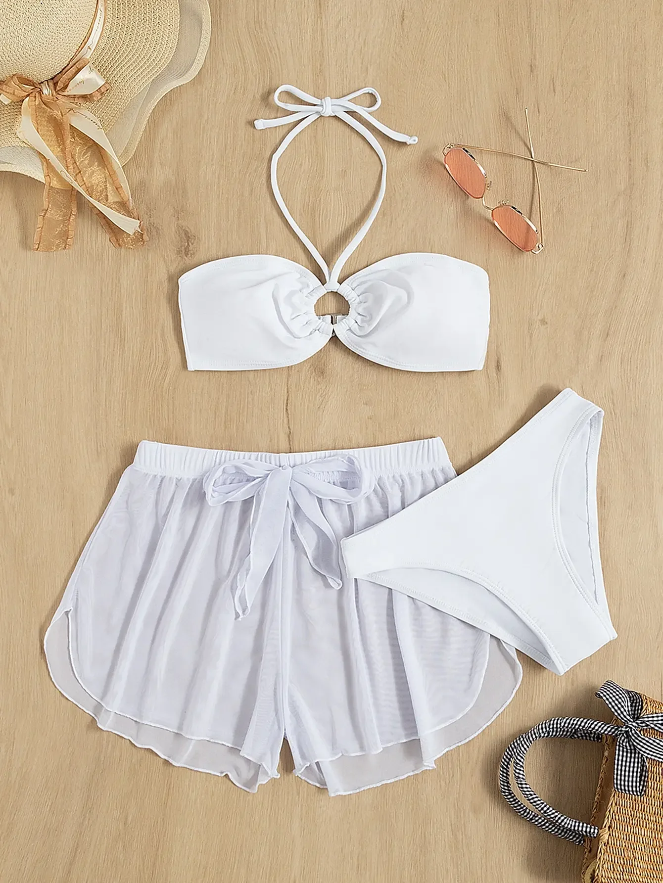 Бикини из 3 предметов с кольцами 2024 женские шорты накидкой купальник женский