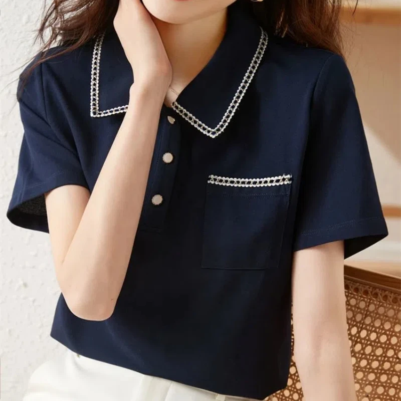 Женский кружевной пуловер с карманами однотонный отложным воротником и коротким