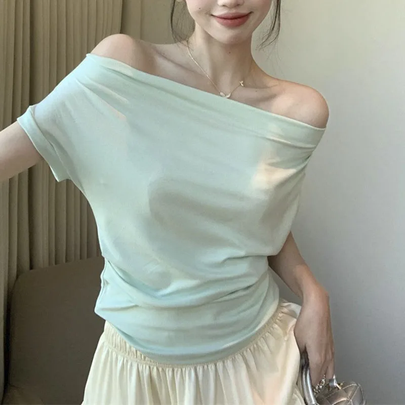 

Женский свободный однотонный топ с открытыми плечами, шикарный летний французский пуловер в Корейском стиле, футболка с короткими рукавами, 2023