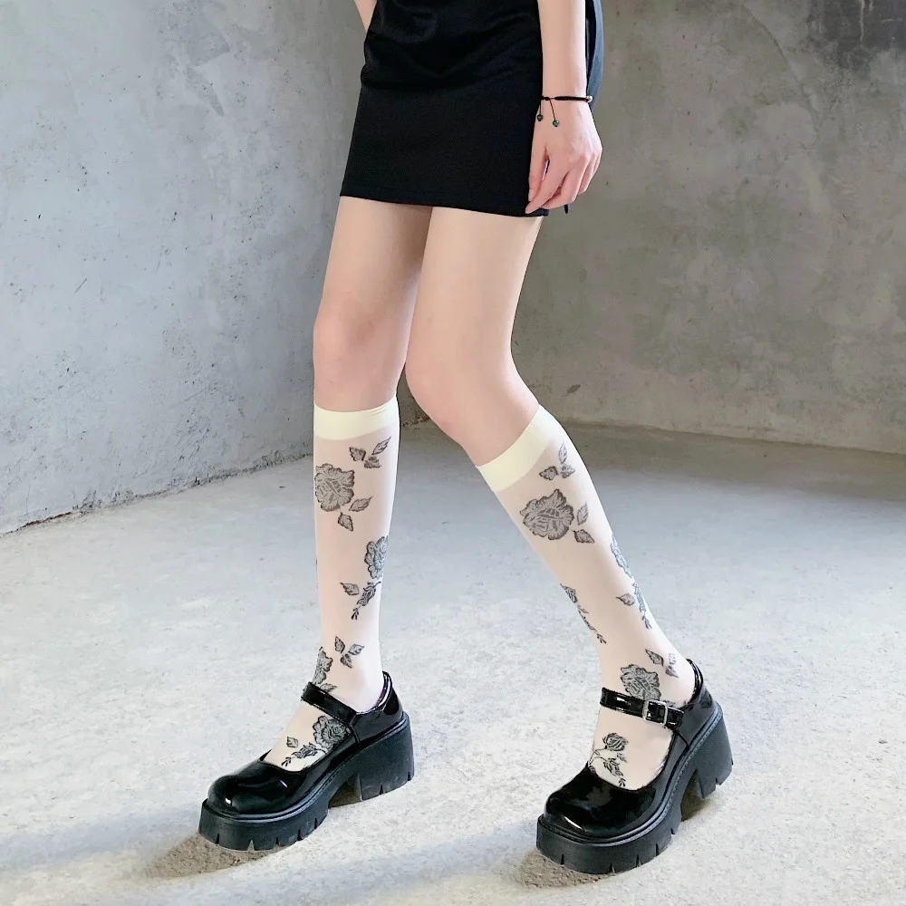 Летние бархатные милые носки для девочек Vantage с розой Лолита средней длины