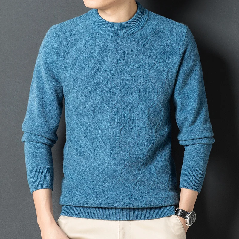 pure 100% wool men's padded long sleeve high-end warm pullover knitted round neck sweater.